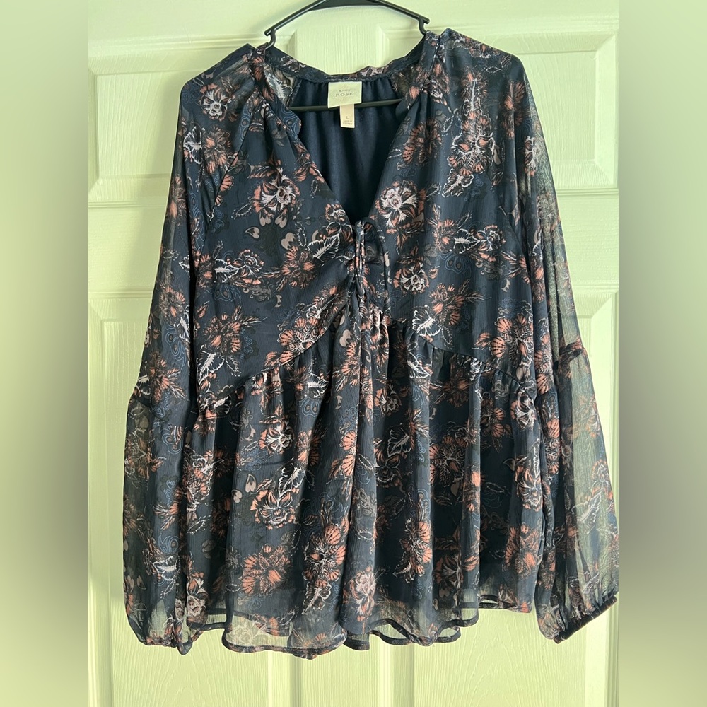 Knox Rose Navy Blue Floral Flowy Boho Peasant Babydoll Long Sleeve Blouse Large